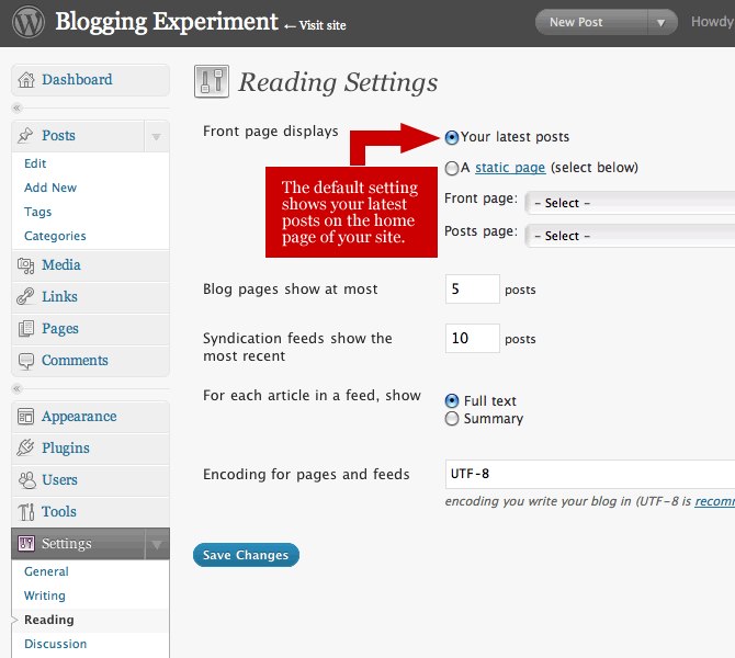 Default Reading Settings In Wordpress