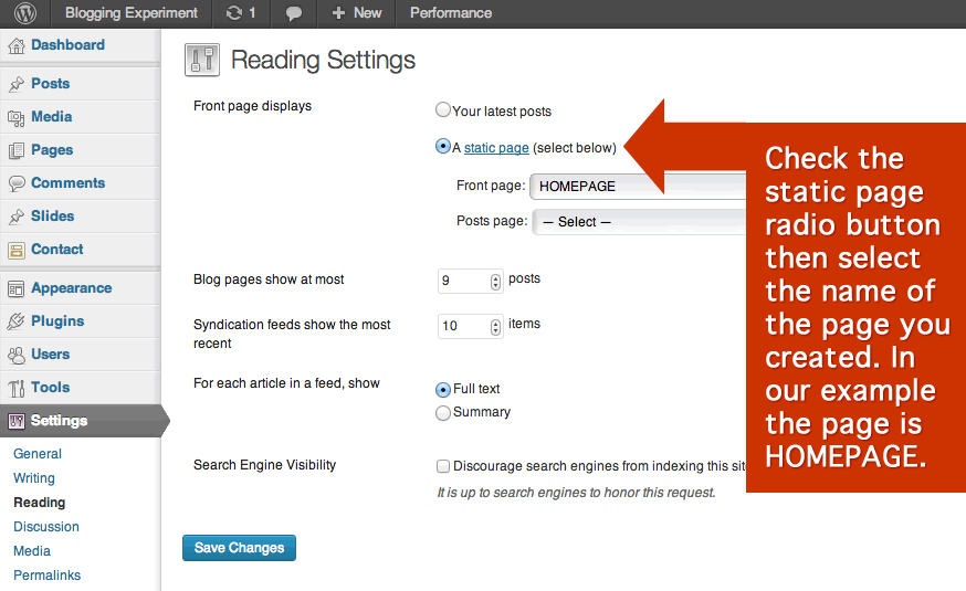 How To Set Page As Homepage In WordPress - Step 2