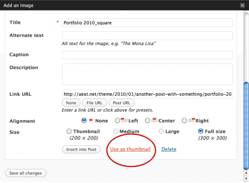 WordPress theme using thumbnail generation feature